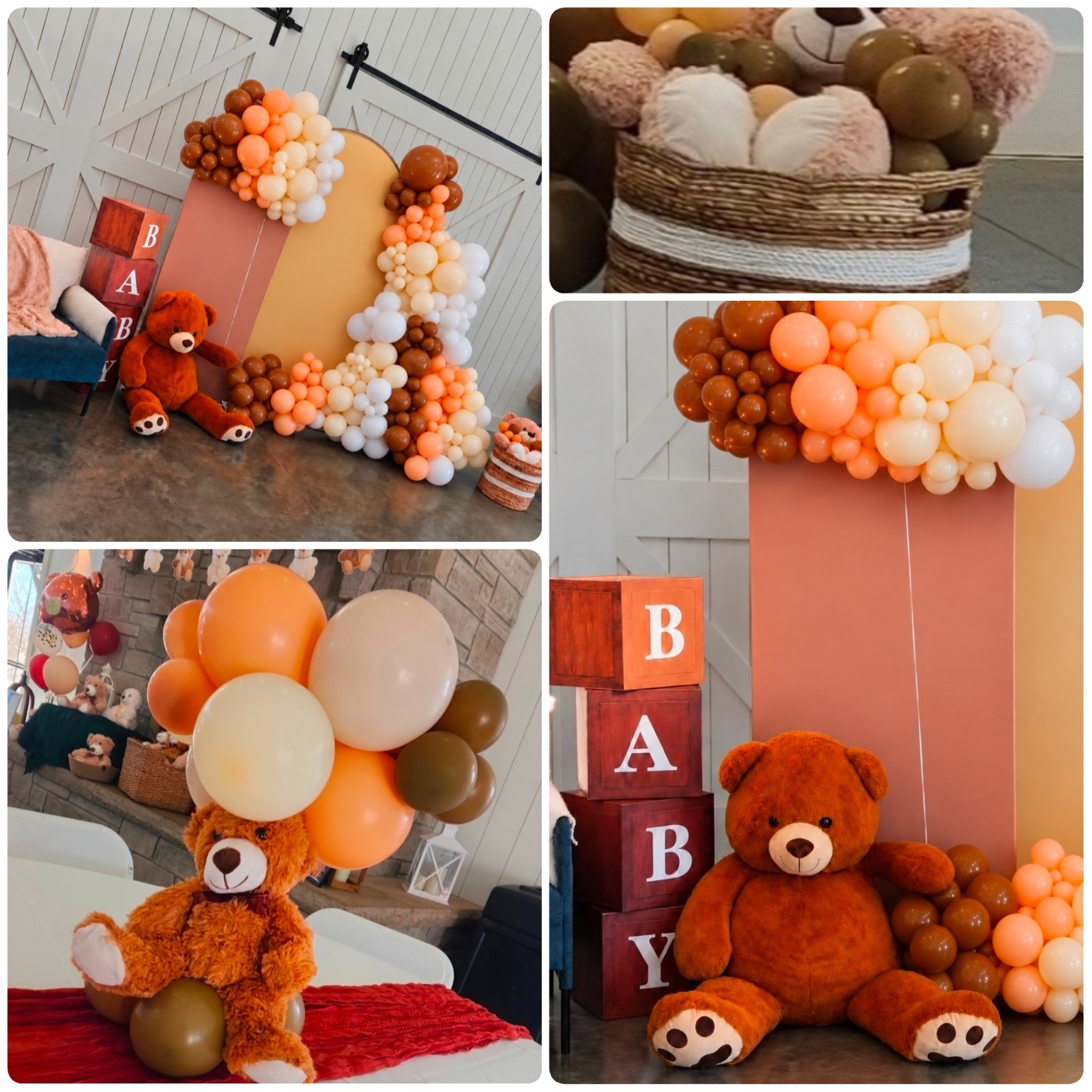 Teddy bear baby shower display with peach, cream, brown and white balloon clusters