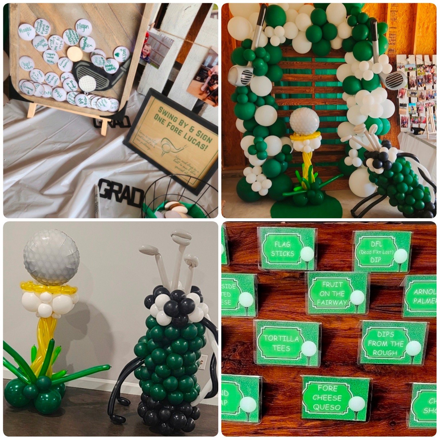 Green, gold and white golf-themed personalized graduation party display