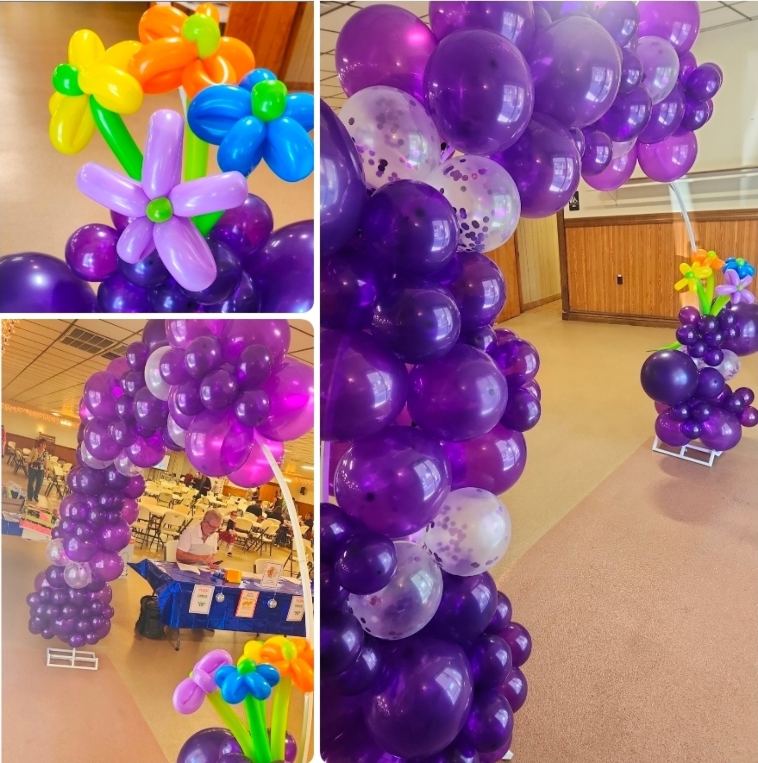 Purple balloon arch and colorful balloon flower display at a community event