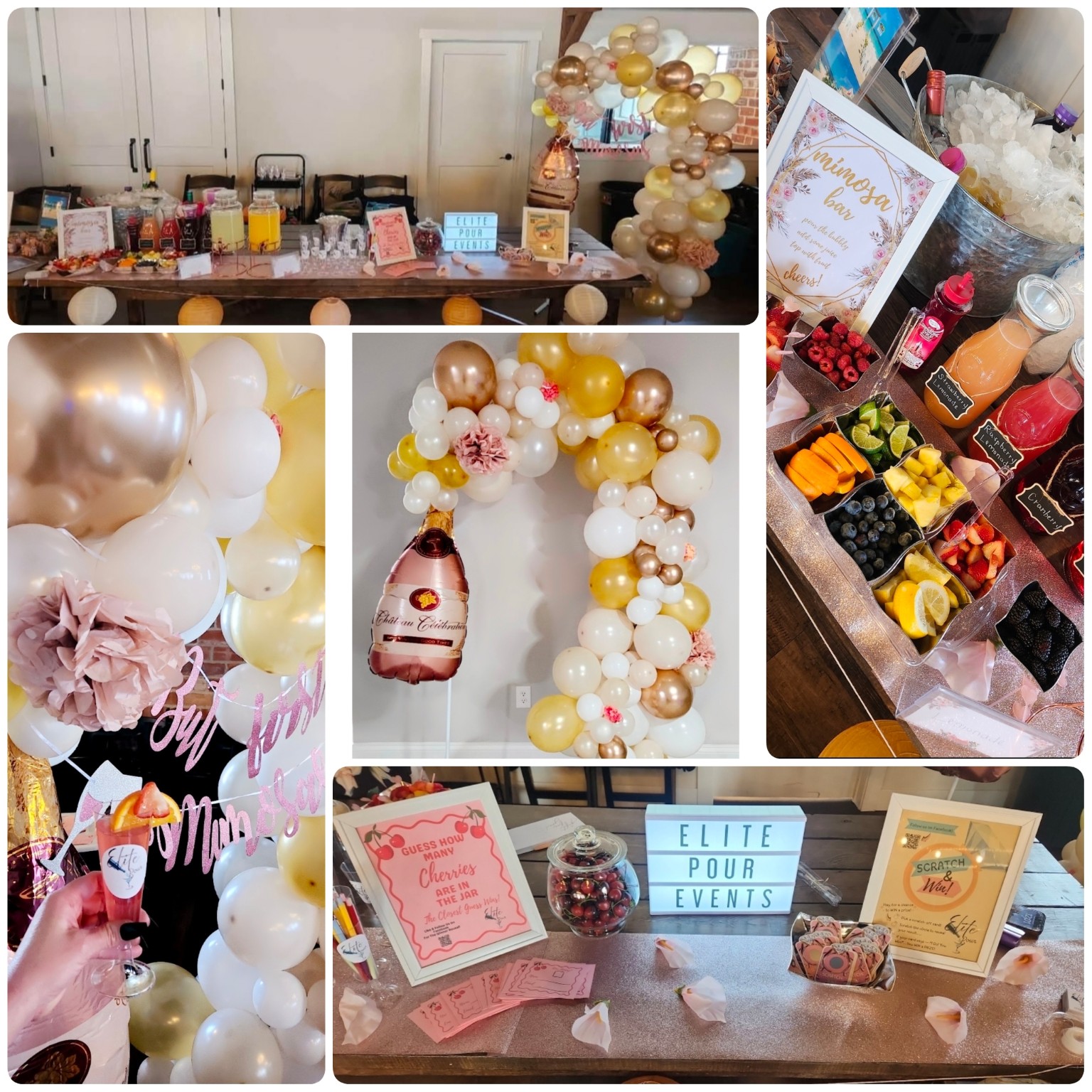 Wedding show beverage table and champagne-themed balloon display