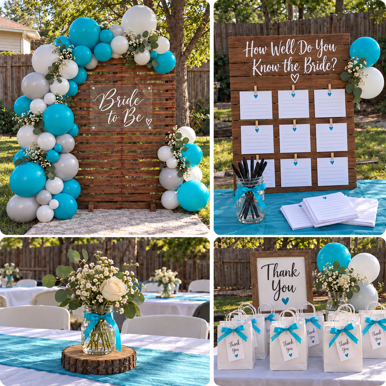Turquoise, silver-gray and white bridal shower with a balloon photo area, wooden game board, handmade centerpiece and thank-you favor bags