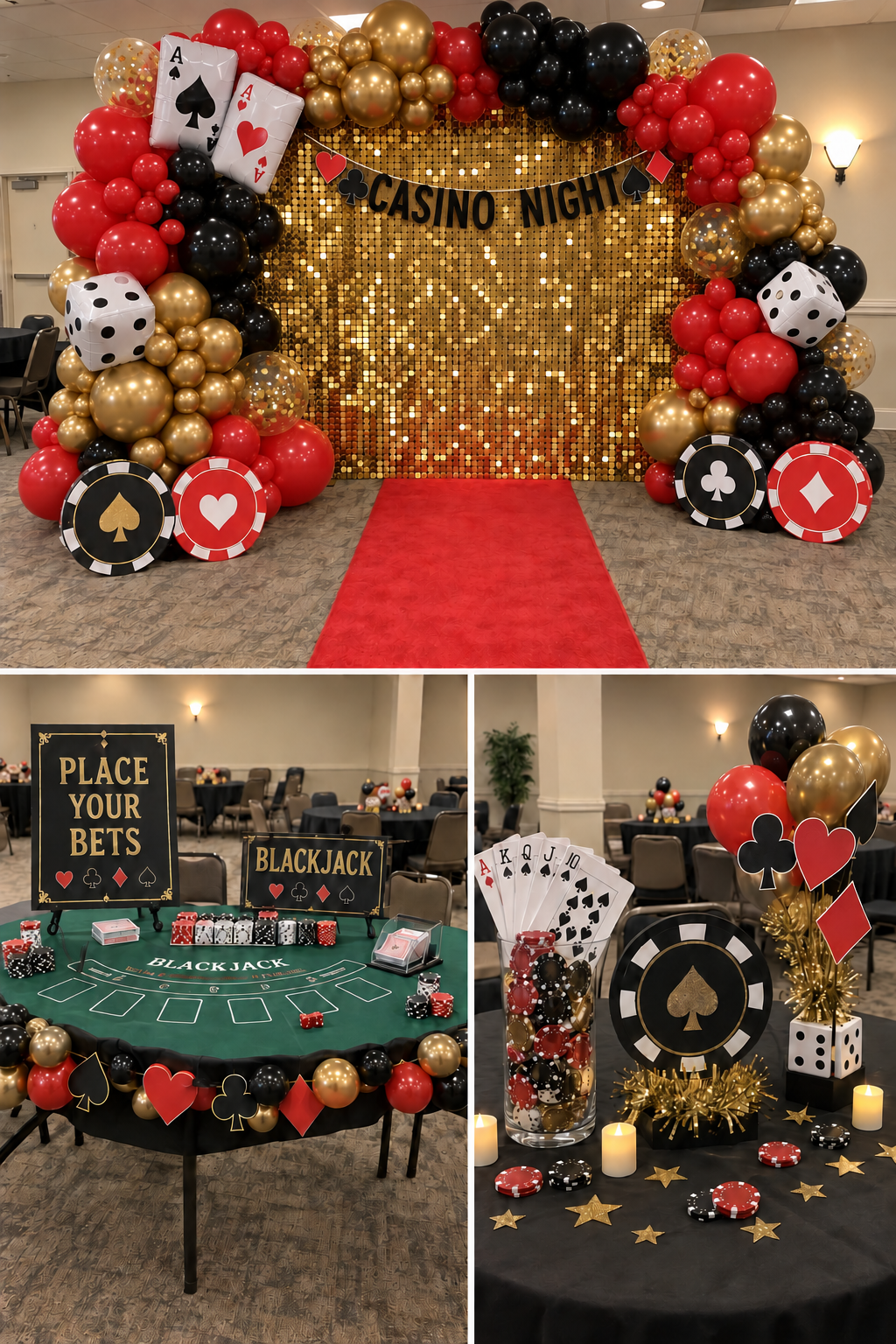 Casino Night company event concept with balloon photo area, blackjack table and themed centerpieces