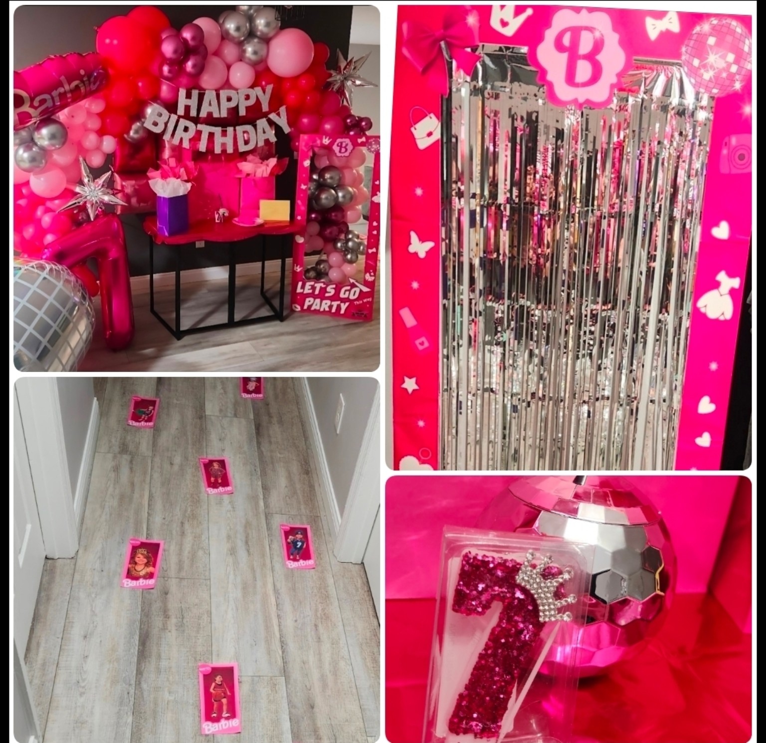 Personalized pink doll-themed birthday setup and photo display