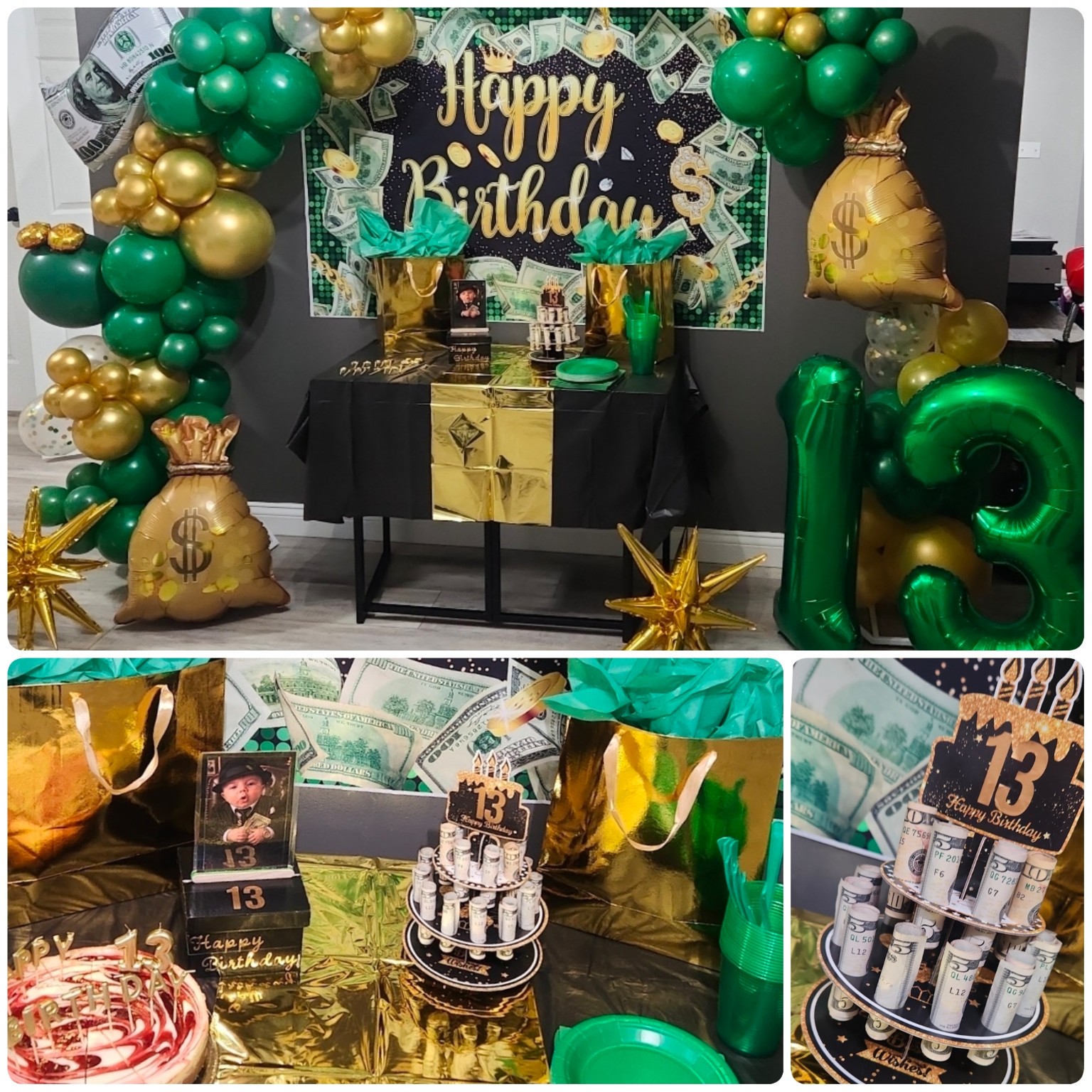 Personalized green, gold and money-themed thirteenth birthday setup
