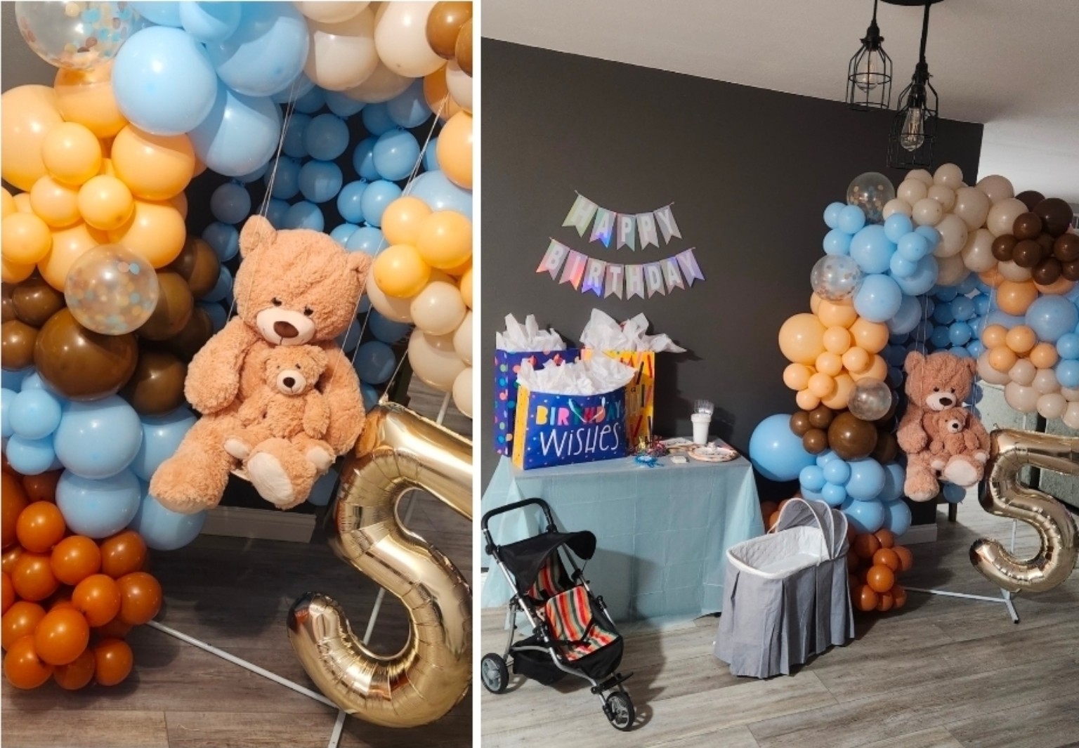 Personalized teddy bear birthday setup with balloons and number five